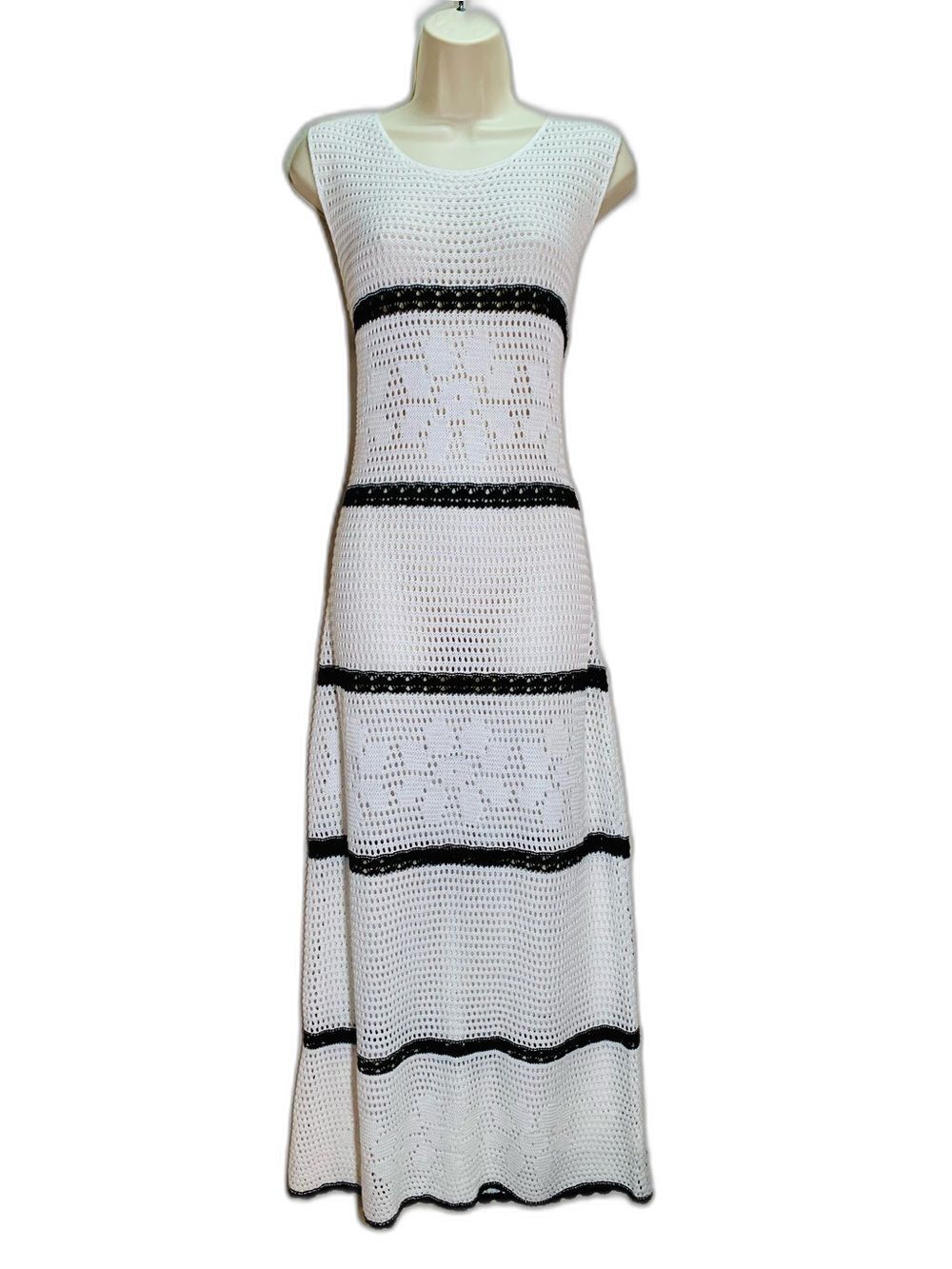 ZESICA White Crochet Open Knit Striped Maxi Dress Size Large L